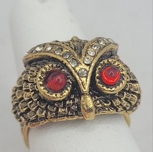 Owls Face Head Feathers Ring Red Glass Eyes Faux Gold Wrap Adjustable Vintage